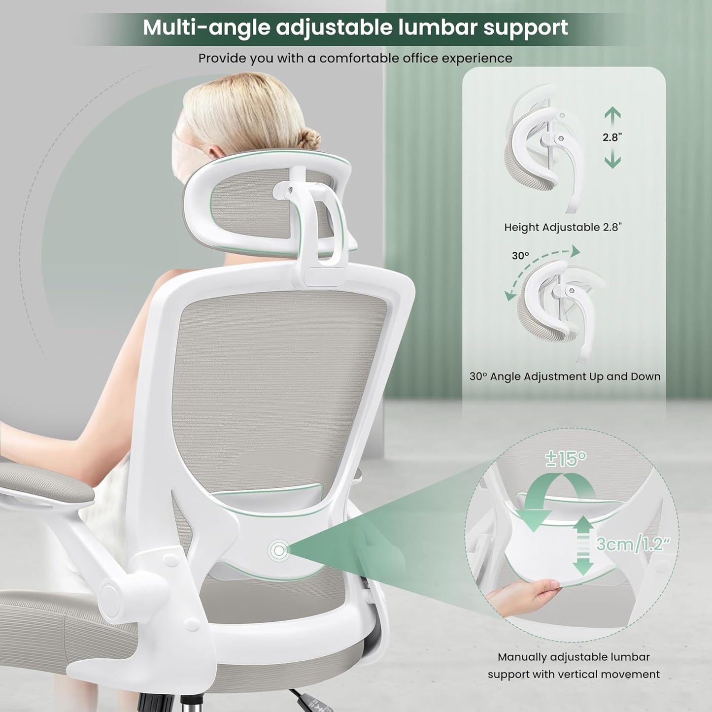 Ergonomic Office Chair, Breathable Mesh Desk Chair, Lumbar Support Computer Chair with Headrest and Flip-Up Arms, Swivel Task Chair, Adjustable Height Gaming Chair, Lightgray