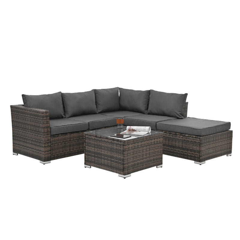 Patio Furniture, Outdoor Furniture, Seasonal PE Wicker Furniture, 4 Set Wicker Furniture with Tempered Glass Coffee Table