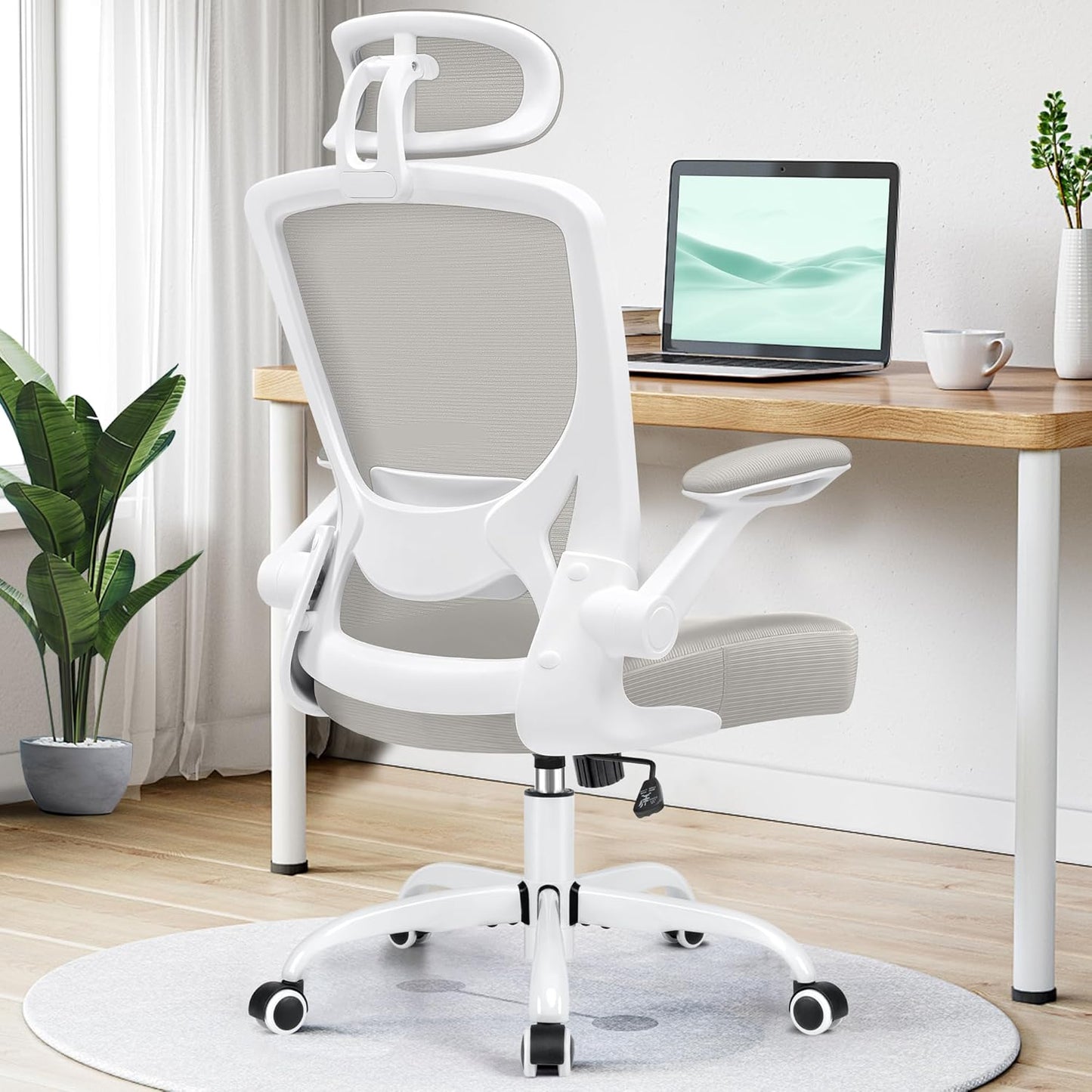 Ergonomic Office Chair, Breathable Mesh Desk Chair, Lumbar Support Computer Chair with Headrest and Flip-Up Arms, Swivel Task Chair, Adjustable Height Gaming Chair, Lightgray
