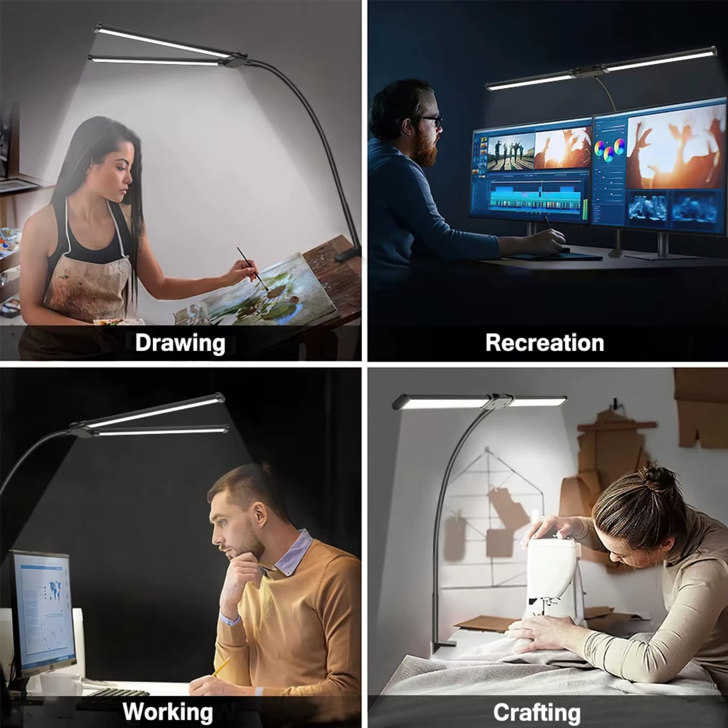 Double LED Desk Lamp Dimmable USB Reading Light Eye Protection Office