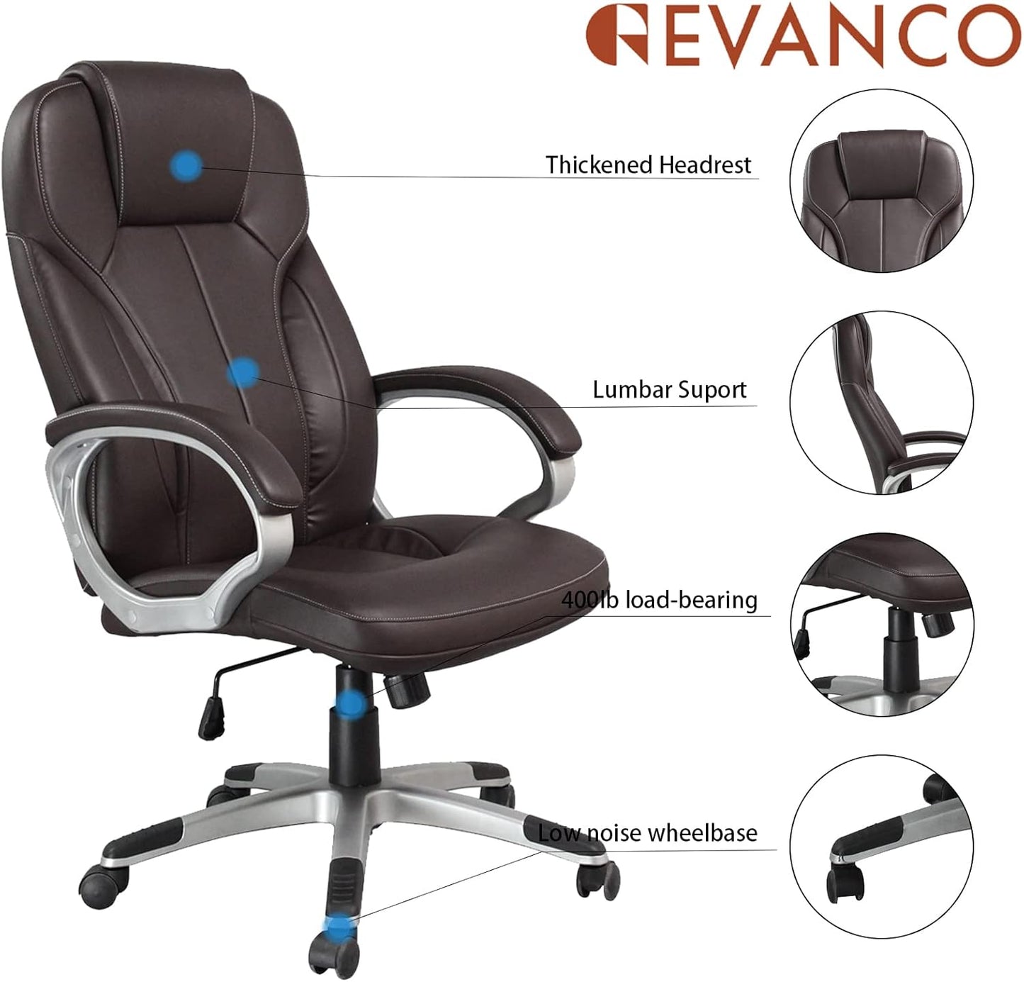 Executive Home Office Chair - Ergonomic Design, Modern, High Back, PU Leather, for Manager Office, Home Office - Brown