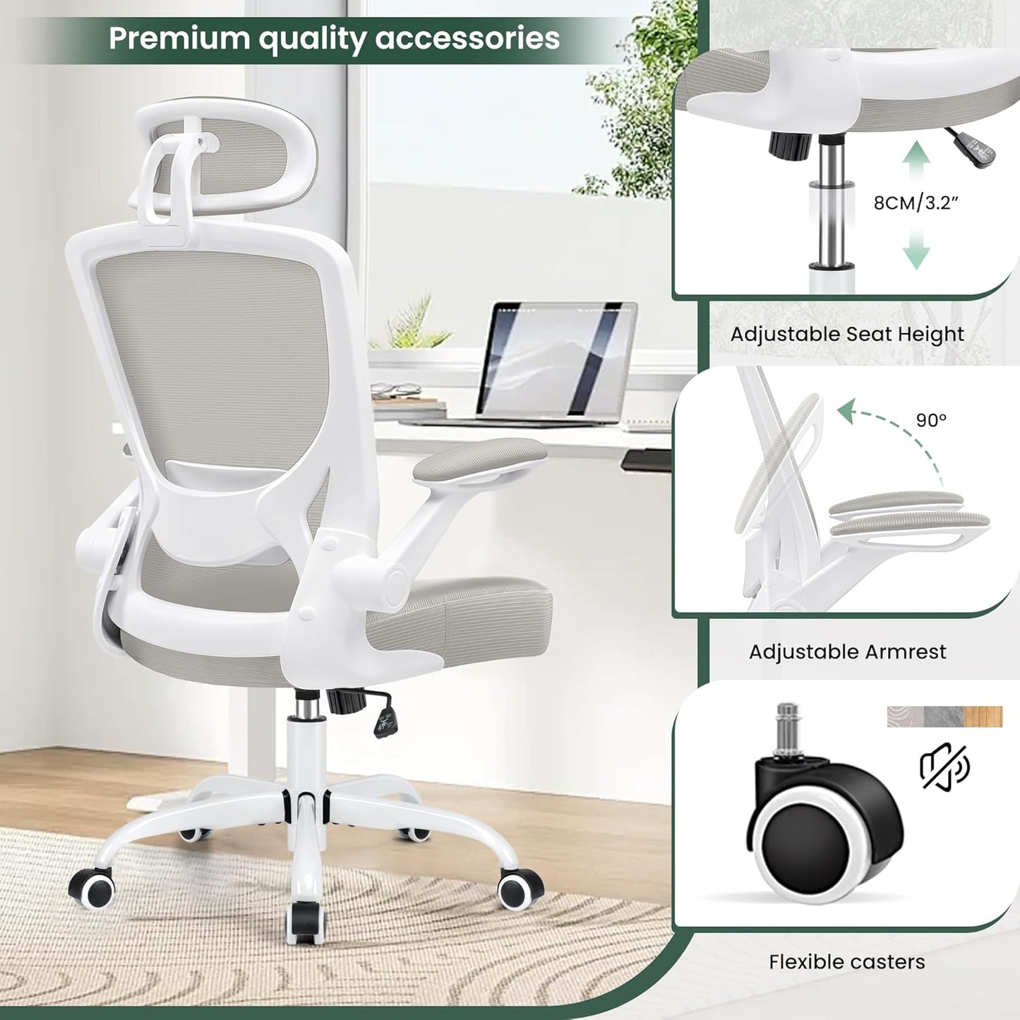 Ergonomic Office Chair, Breathable Mesh Desk Chair, Lumbar Support Computer Chair with Headrest and Flip-Up Arms, Swivel Task Chair, Adjustable Height Gaming Chair, Lightgray