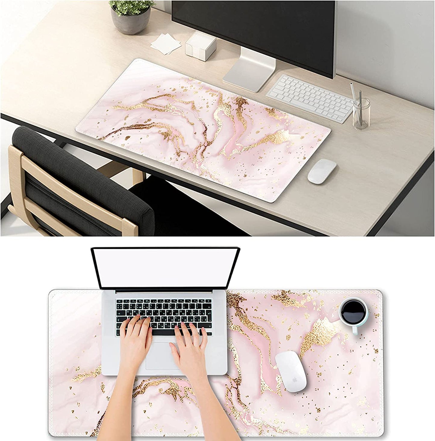 Extended Gaming Mouse Pad XXL Large Keyboard Mat Long Mousepad Desk Decor Writing Pad Non Slip Rubber Base Stitched Edges for Work, Game, Office, Home, 35.1" X 15.7", Pink Marble