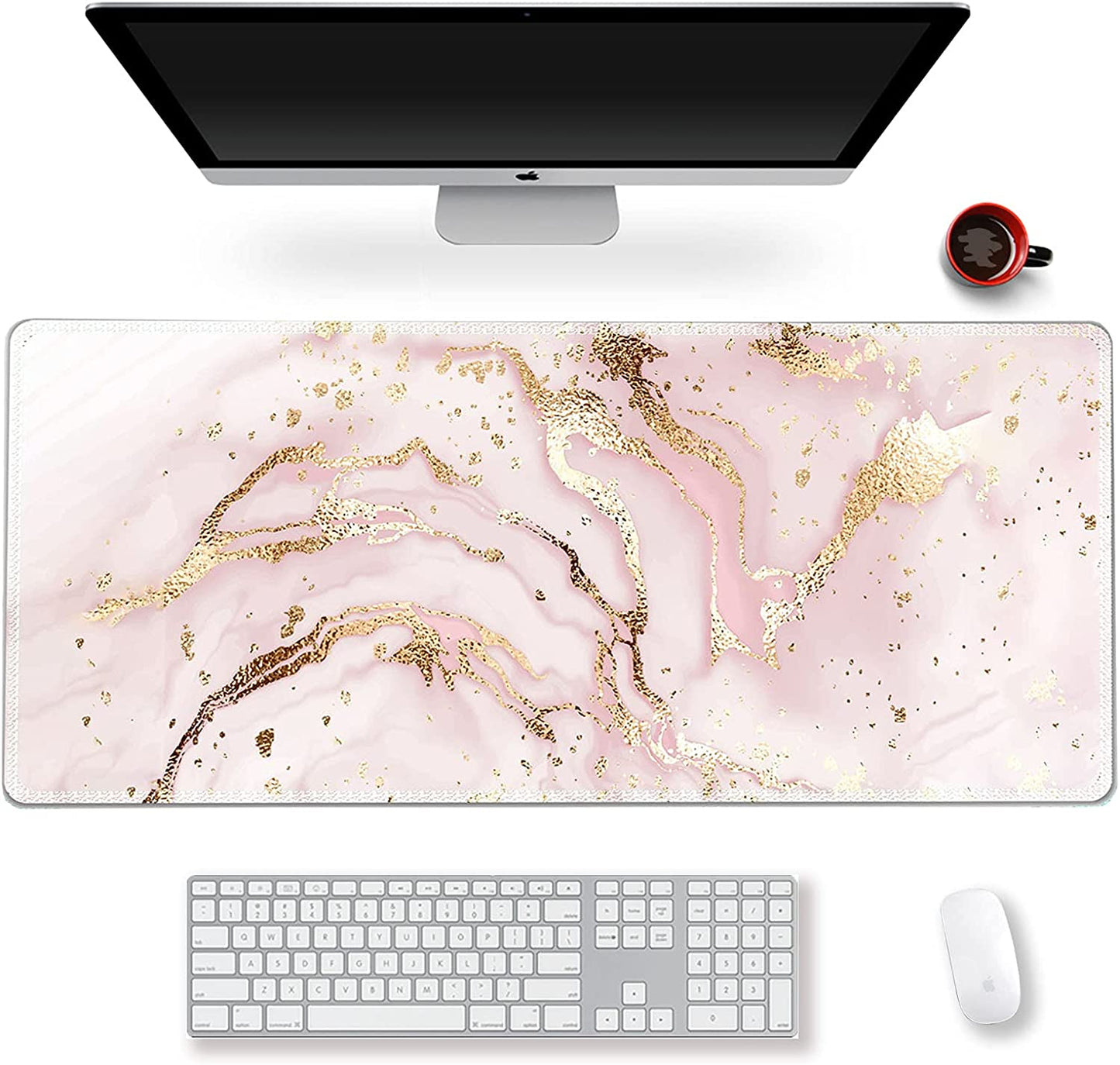 Extended Gaming Mouse Pad XXL Large Keyboard Mat Long Mousepad Desk Decor Writing Pad Non Slip Rubber Base Stitched Edges for Work, Game, Office, Home, 35.1" X 15.7", Pink Marble