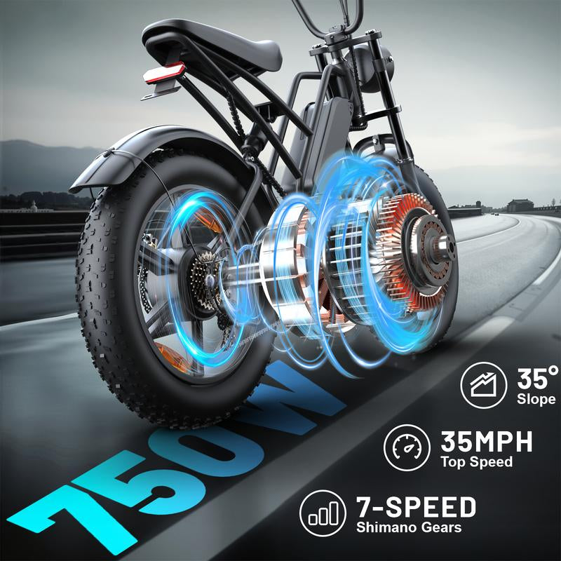 (12 MONTH WARRANTY) Electric Mountain Bike with 35 MPH in the Pure Electric Mode, Paired with Pedal Assist;15 Ah Battery; 20'' * 4'' Fat Tires; 7 Speed Gears; Eco-Friendly E-Bike for Adventure Lovers, Hunting Lovers, Urban Youths on Virous Terrains