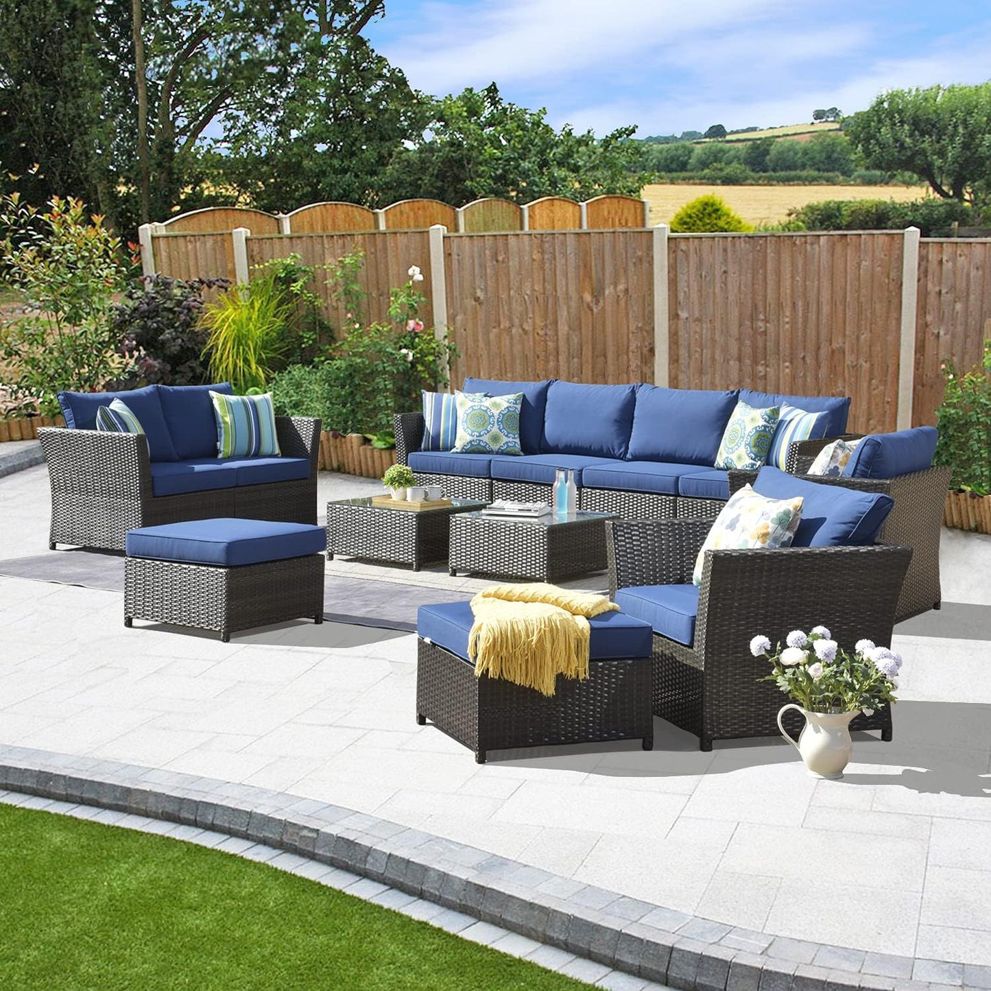 Patio Furniture Set Outdoor Sectional Sofa No Assembly Required 12 Pieces All Weather Wicker Conversation Set with Furniture Covers and 4 Pillows,12 PCS Navy Blue
