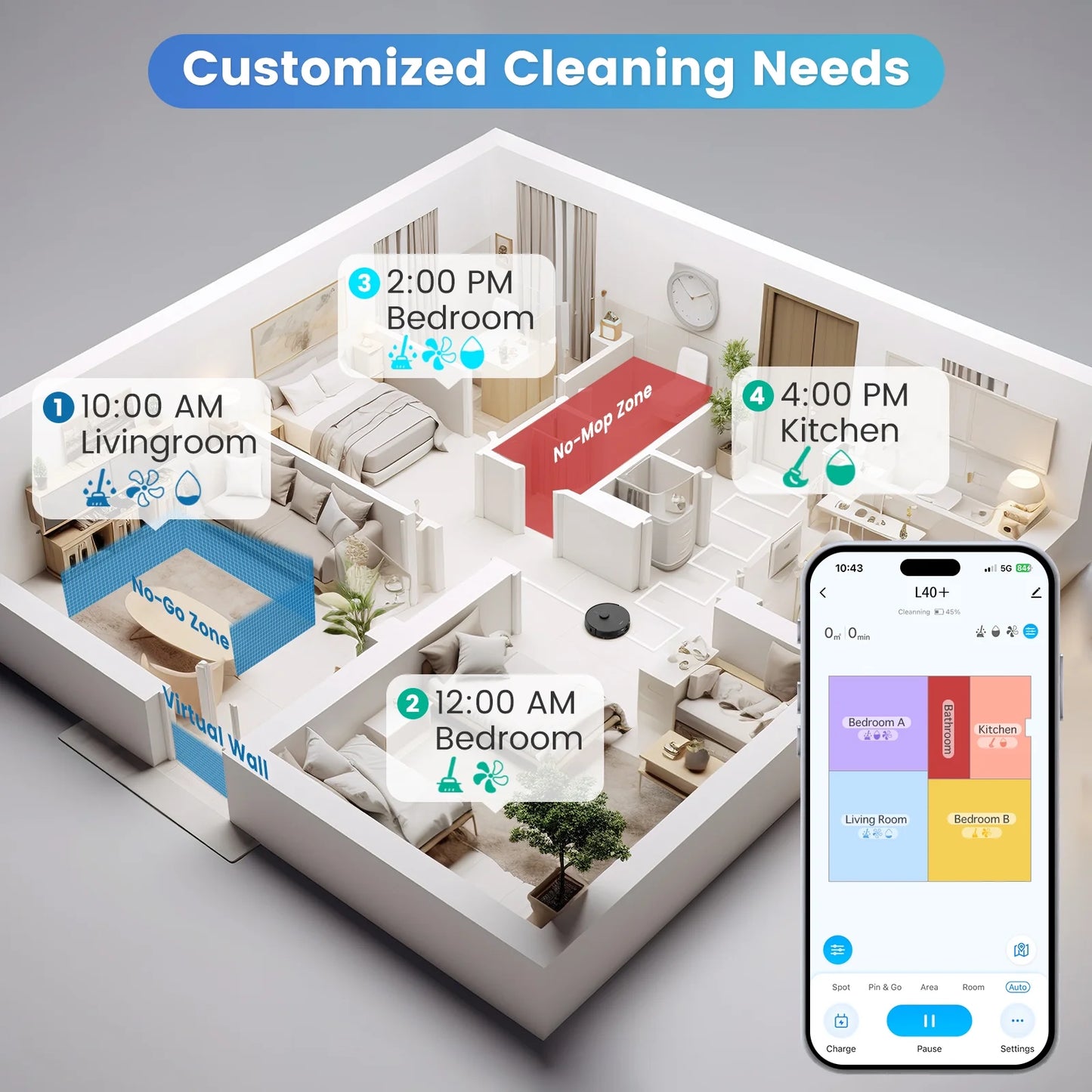 Robot Vacuum Cleaner and Mop Combo L40+, 60 Days Self-Empty Bin, 180 Min Runtime, APP and Voice Control