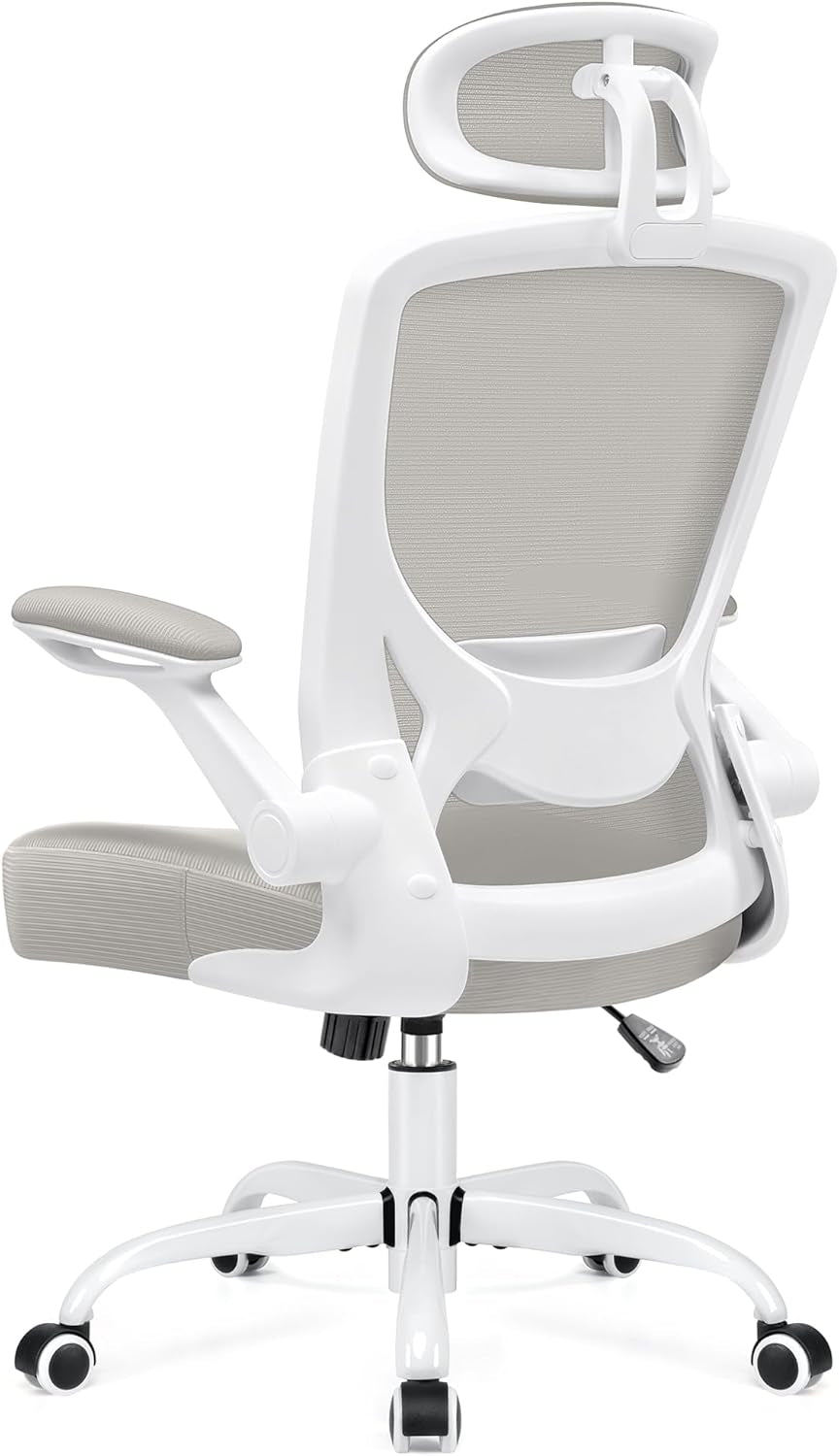 Ergonomic Office Chair, Breathable Mesh Desk Chair, Lumbar Support Computer Chair with Headrest and Flip-Up Arms, Swivel Task Chair, Adjustable Height Gaming Chair, Lightgray