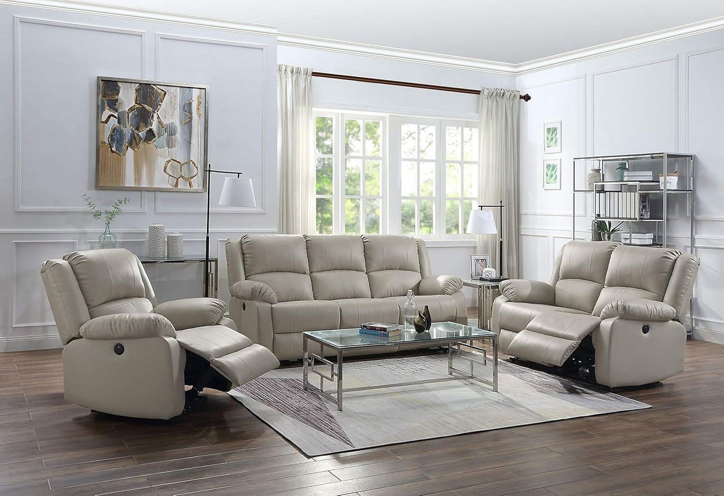Zuriel Faux Leather Upholstered Power Motion Reclining Sofa in Beige