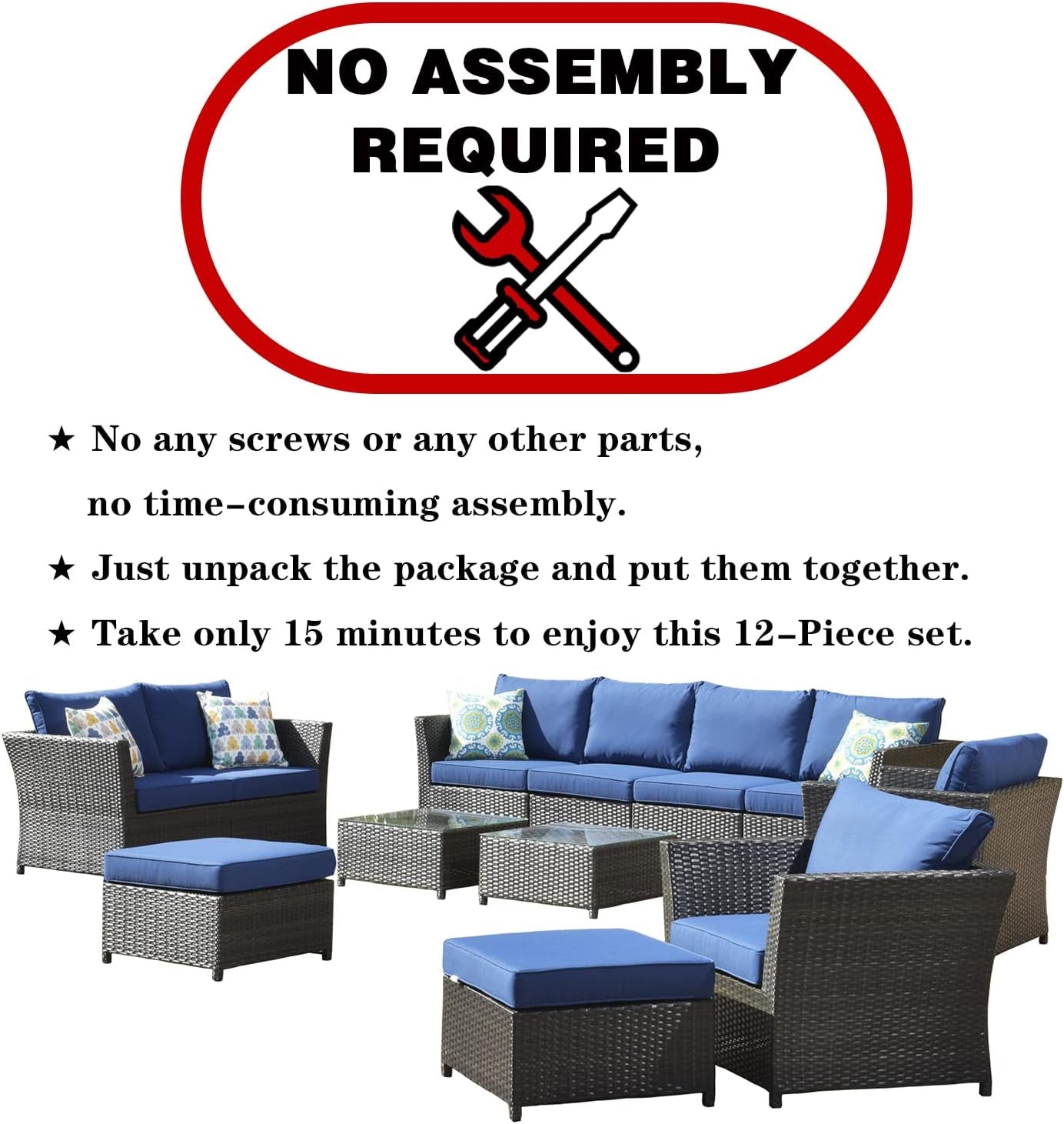 Patio Furniture Set Outdoor Sectional Sofa No Assembly Required 12 Pieces All Weather Wicker Conversation Set with Furniture Covers and 4 Pillows,12 PCS Navy Blue