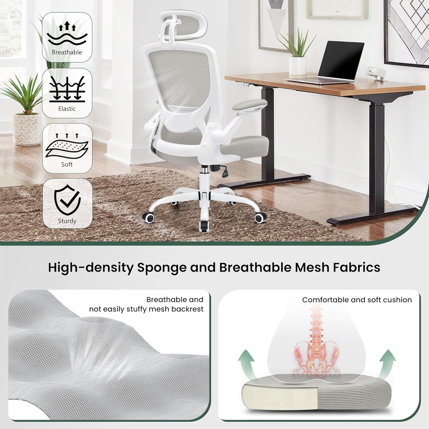 Ergonomic Office Chair, Breathable Mesh Desk Chair, Lumbar Support Computer Chair with Headrest and Flip-Up Arms, Swivel Task Chair, Adjustable Height Gaming Chair, Lightgray