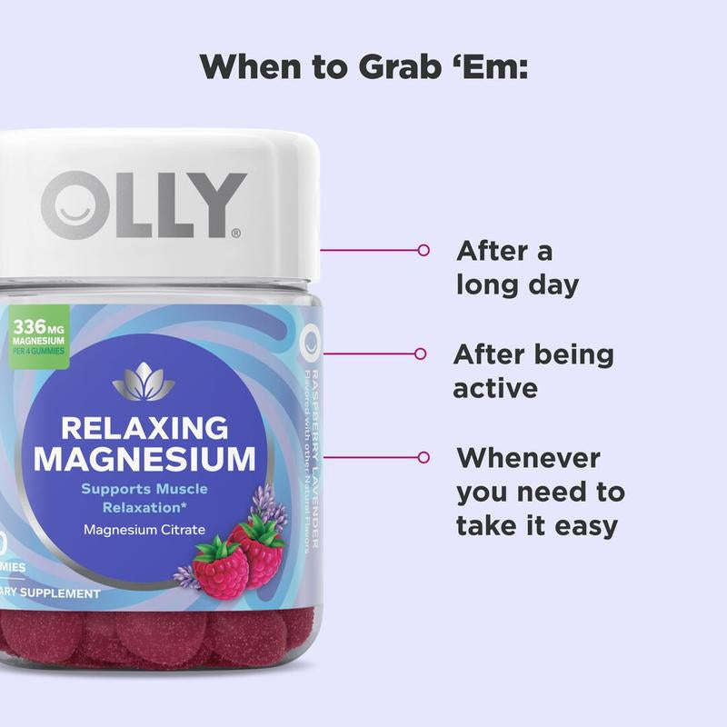 OLLY Relaxing Magnesium Chewable Supplement - 60 Gummies, Supports Muscle Relaxation, Raspberry Lavender Flavor