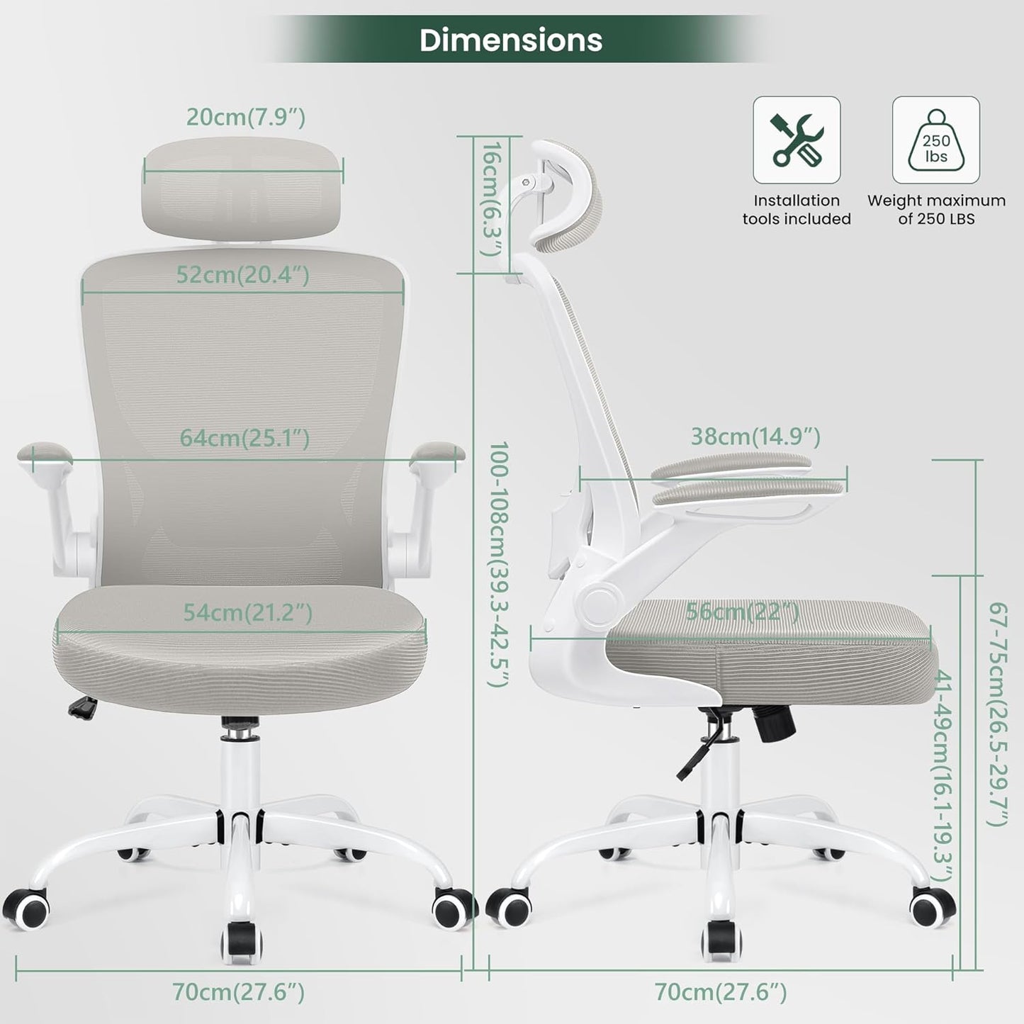 Ergonomic Office Chair, Breathable Mesh Desk Chair, Lumbar Support Computer Chair with Headrest and Flip-Up Arms, Swivel Task Chair, Adjustable Height Gaming Chair, Lightgray