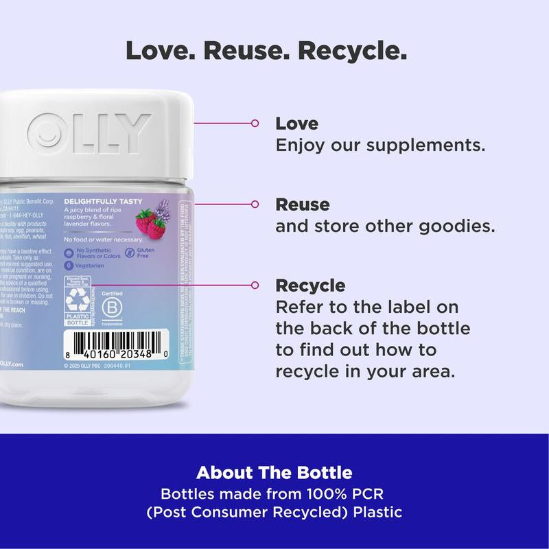 OLLY Relaxing Magnesium Chewable Supplement - 60 Gummies, Supports Muscle Relaxation, Raspberry Lavender Flavor