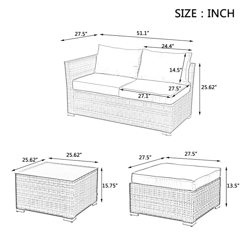 Patio Furniture, Outdoor Furniture, Seasonal PE Wicker Furniture, 4 Set Wicker Furniture with Tempered Glass Coffee Table