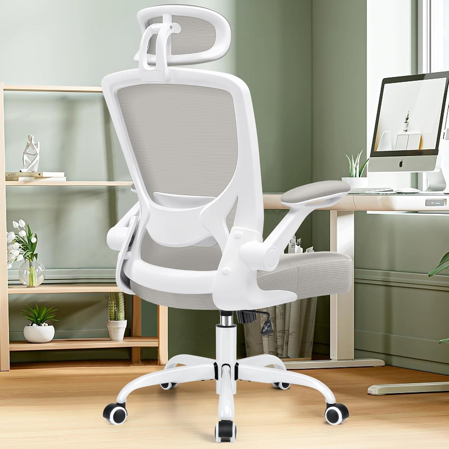Ergonomic Office Chair, Breathable Mesh Desk Chair, Lumbar Support Computer Chair with Headrest and Flip-Up Arms, Swivel Task Chair, Adjustable Height Gaming Chair, Lightgray