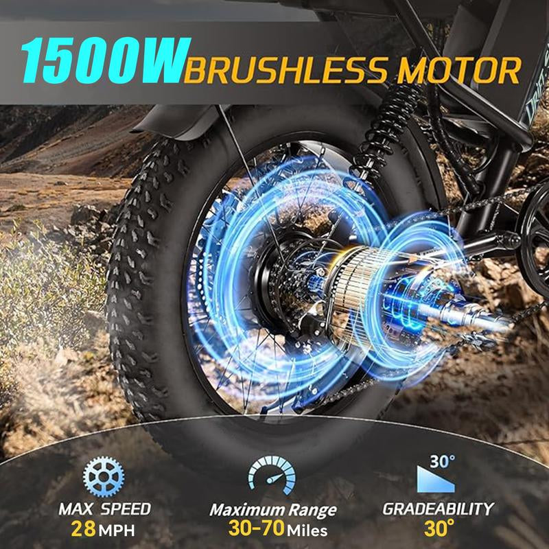 DRIFT.SLIDE 1500W Peak Power Electric Bike for Adults, 28 MPH 60 Miles Electric Moped Style Bike, 48V 20.8 Ah UL 2849 Removable Battery, 7 Speed 20" All Terrain Fat Tire Ebike (J1 Pro) Bicycle Light