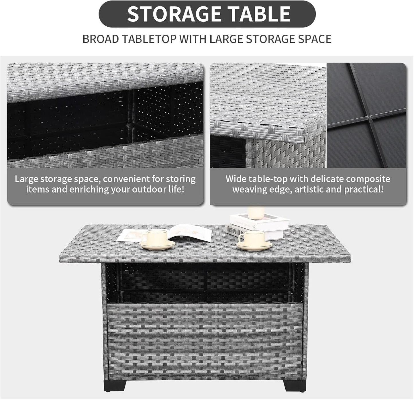9-Piece Outdoor Sectional Wicker Furniture Set Patio Furniture Conversation Couch Set Large-Size Storage Table with Thicken(5") Anti-Slip Light Grey Cushions Cover