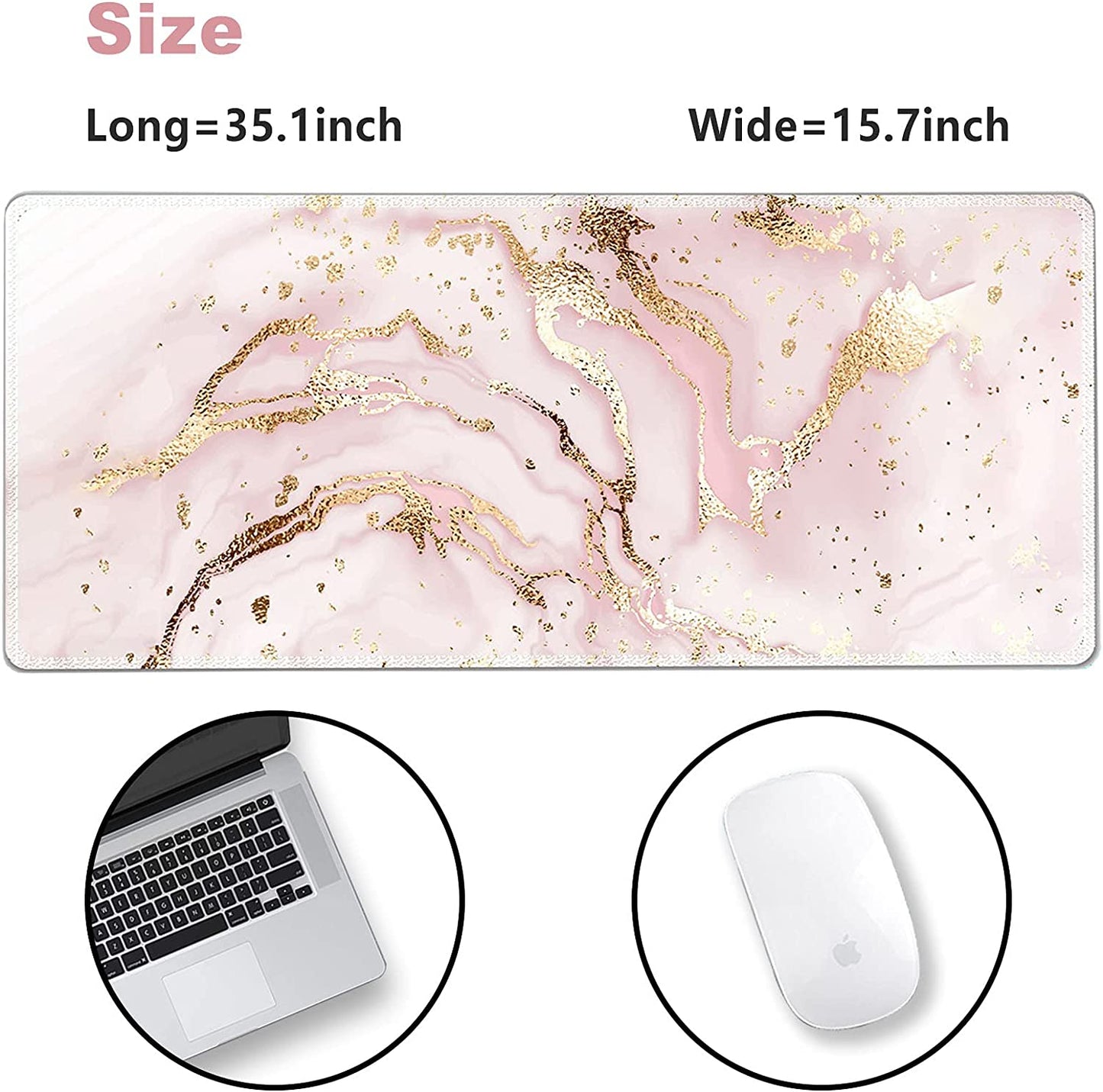 Extended Gaming Mouse Pad XXL Large Keyboard Mat Long Mousepad Desk Decor Writing Pad Non Slip Rubber Base Stitched Edges for Work, Game, Office, Home, 35.1" X 15.7", Pink Marble