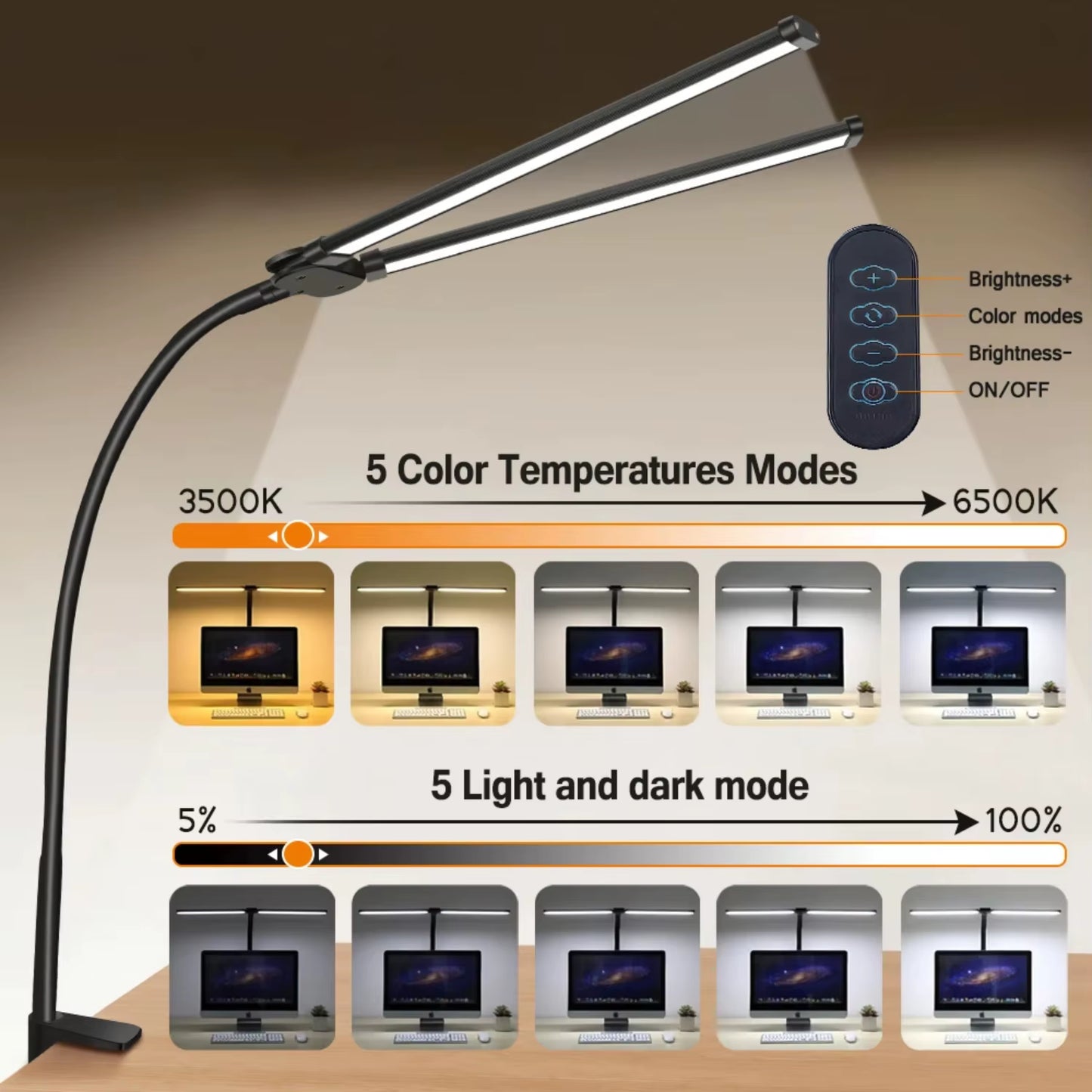Double LED Desk Lamp Dimmable USB Reading Light Eye Protection Office