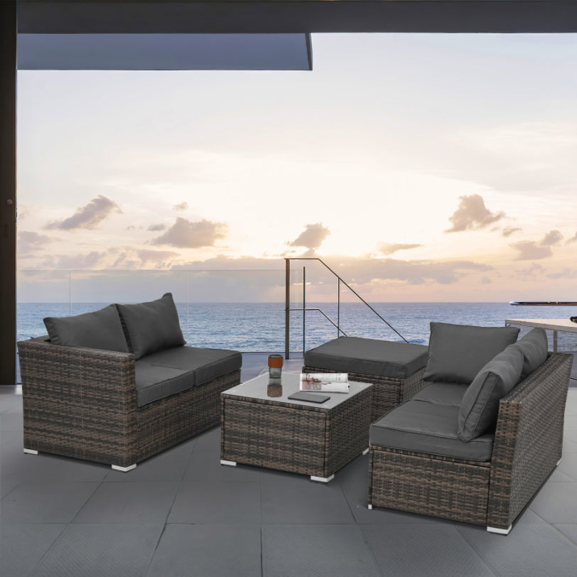 Patio Furniture, Outdoor Furniture, Seasonal PE Wicker Furniture, 4 Set Wicker Furniture with Tempered Glass Coffee Table