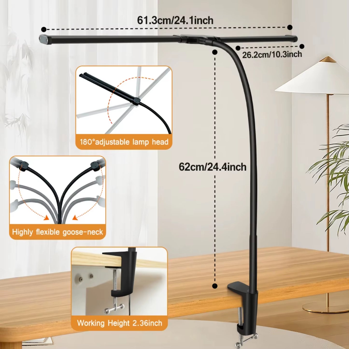 Double LED Desk Lamp Dimmable USB Reading Light Eye Protection Office