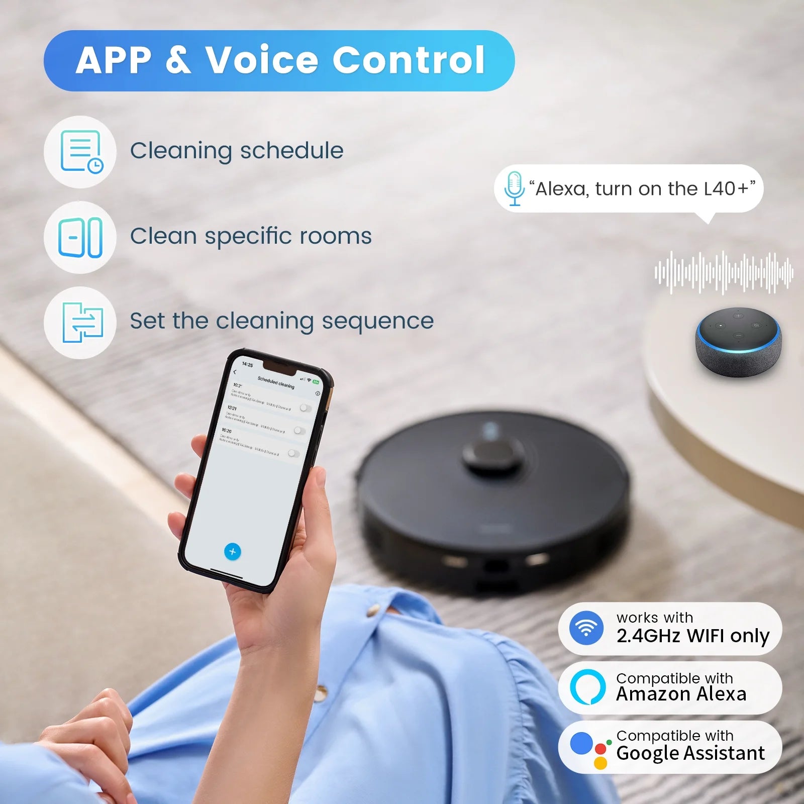 Robot Vacuum Cleaner and Mop Combo L40+, 60 Days Self-Empty Bin, 180 Min Runtime, APP and Voice Control