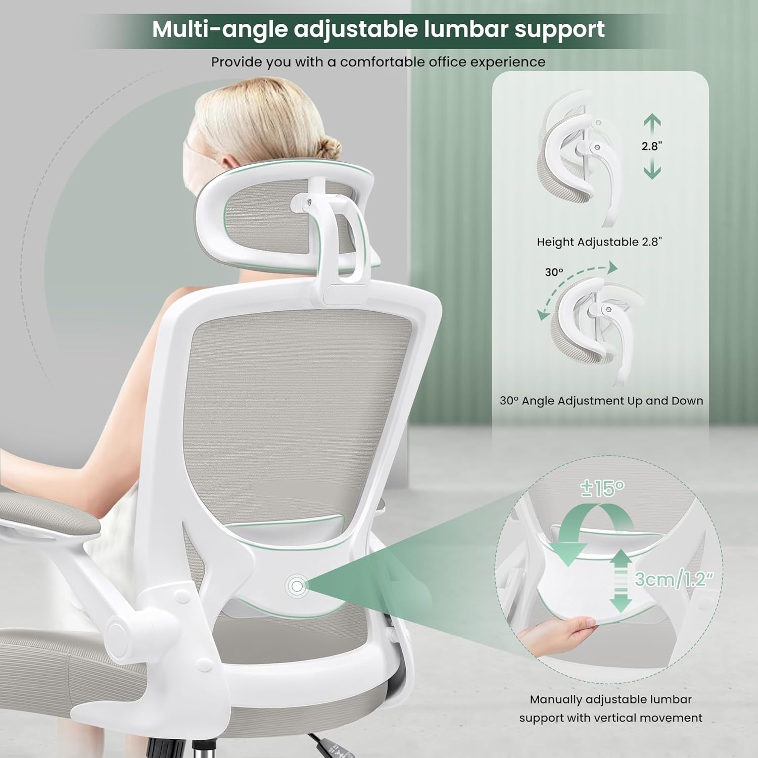 Ergonomic Office Chair, Breathable Mesh Desk Chair, Lumbar Support Computer Chair with Headrest and Flip-Up Arms, Swivel Task Chair, Adjustable Height Gaming Chair, Lightgray