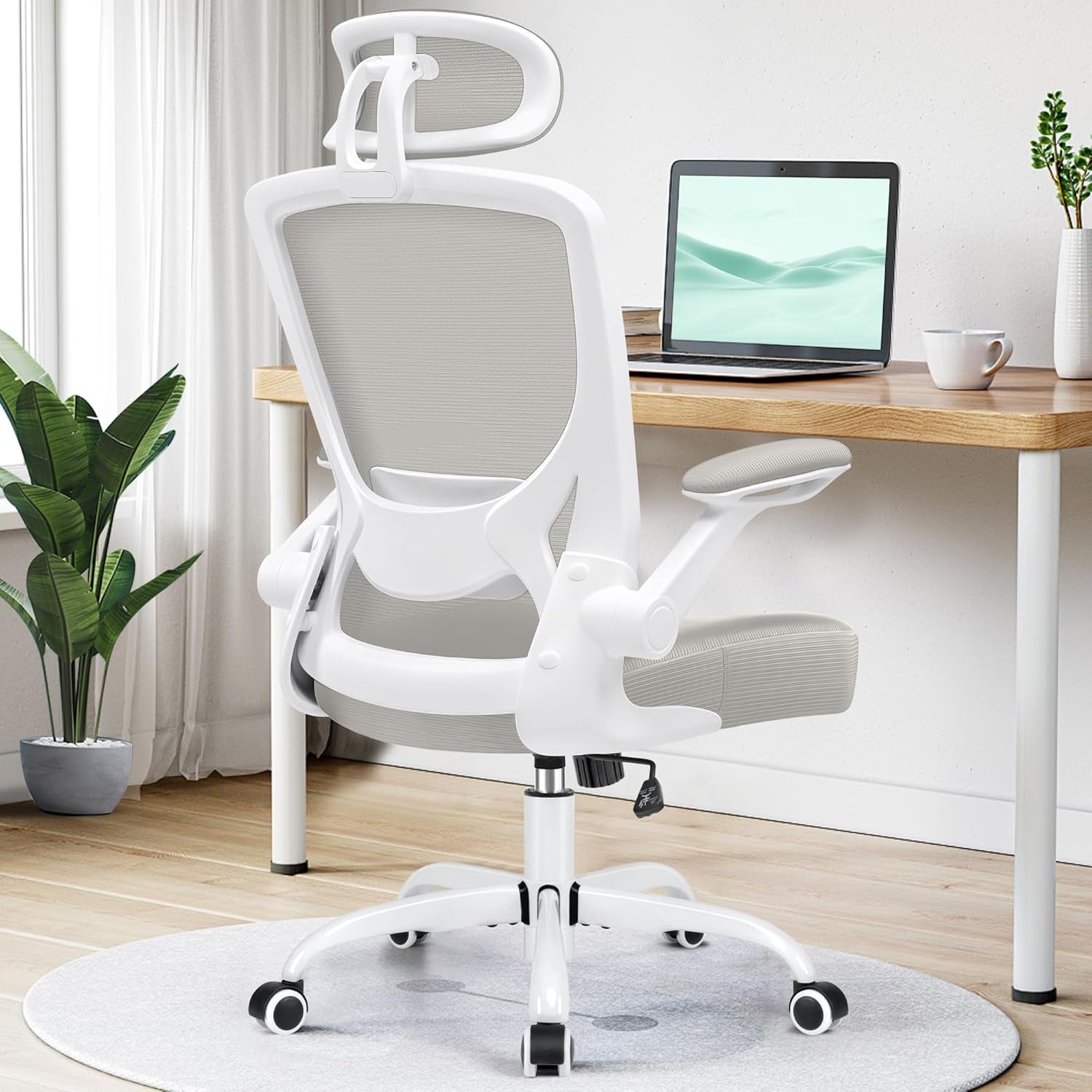 Ergonomic Office Chair, Breathable Mesh Desk Chair, Lumbar Support Computer Chair with Headrest and Flip-Up Arms, Swivel Task Chair, Adjustable Height Gaming Chair, Lightgray