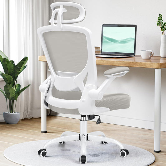 Ergonomic Office Chair, Breathable Mesh Desk Chair, Lumbar Support Computer Chair with Headrest and Flip-Up Arms, Swivel Task Chair, Adjustable Height Gaming Chair, Lightgray