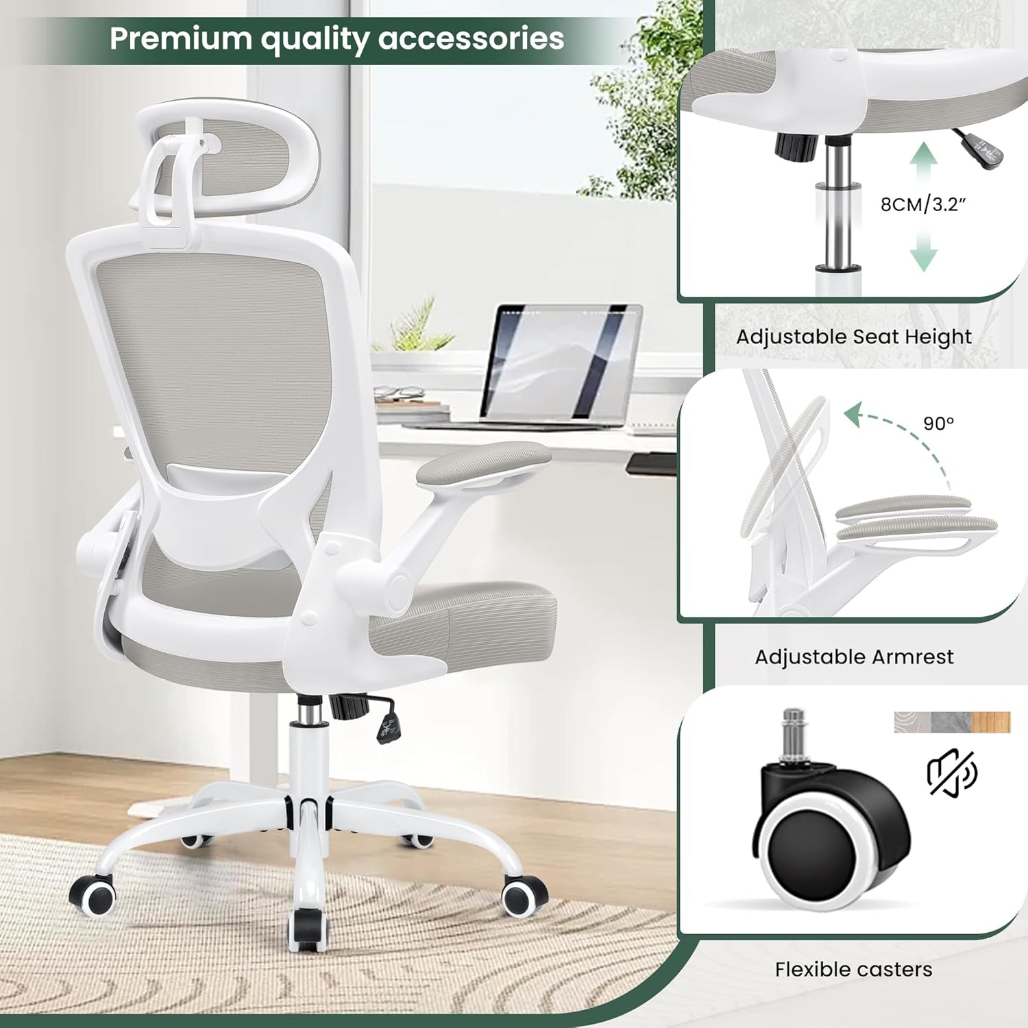 Ergonomic Office Chair, Breathable Mesh Desk Chair, Lumbar Support Computer Chair with Headrest and Flip-Up Arms, Swivel Task Chair, Adjustable Height Gaming Chair, Lightgray