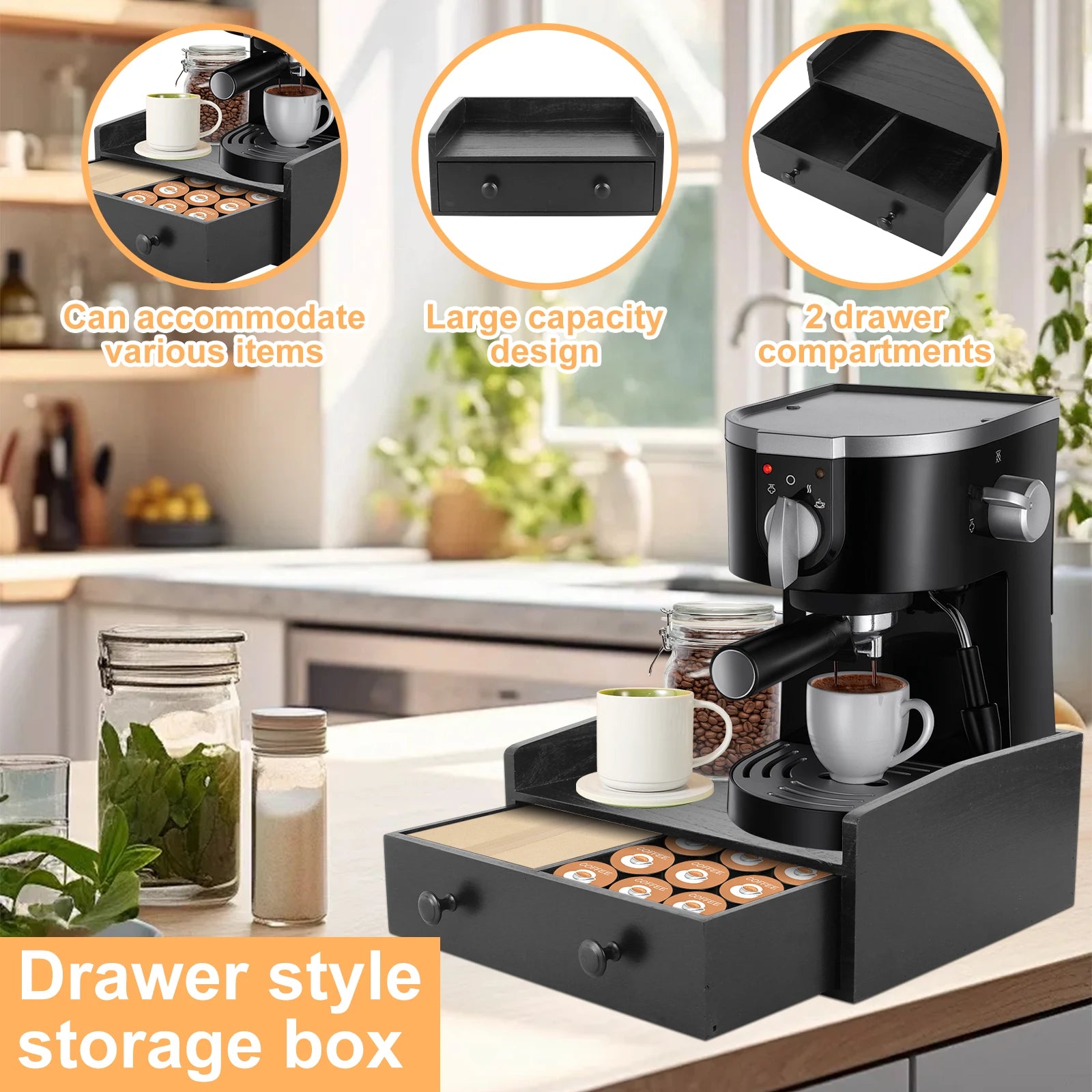 Coffee Machine Base Drawer Wood Tea Bag Coffee Capsule Drawer Storage Stand Desktop Water Bar Countertop Cabinet Organizer