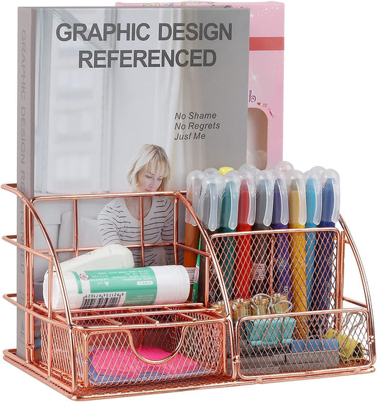 Desk Organizer for Women, Cute Mesh Office Supplies Accessories, Office Supplies Accessories with 5 Compartments, 1 Mini Sliding Drawer, Desktop Organization Decor for Home & Office, Rose Gold