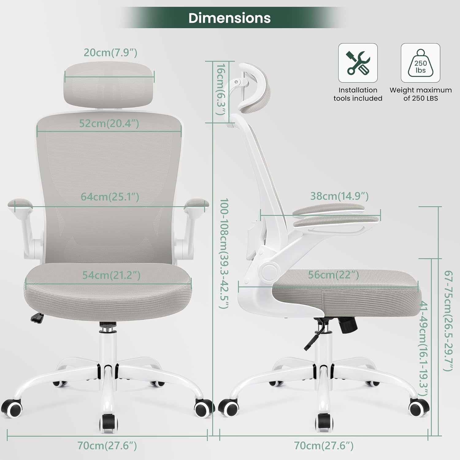 Ergonomic Office Chair, Breathable Mesh Desk Chair, Lumbar Support Computer Chair with Headrest and Flip-Up Arms, Swivel Task Chair, Adjustable Height Gaming Chair, Lightgray
