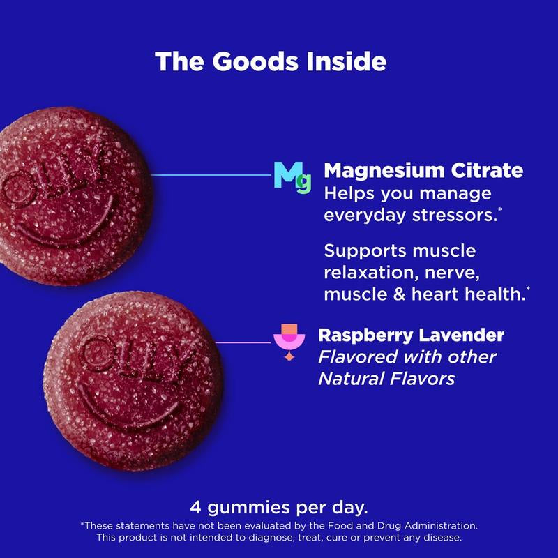 OLLY Relaxing Magnesium Chewable Supplement - 60 Gummies, Supports Muscle Relaxation, Raspberry Lavender Flavor