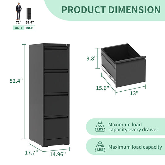 Metal 4 Drawer File Cabinet Vertical Lockable Storage Filing Organizer Office