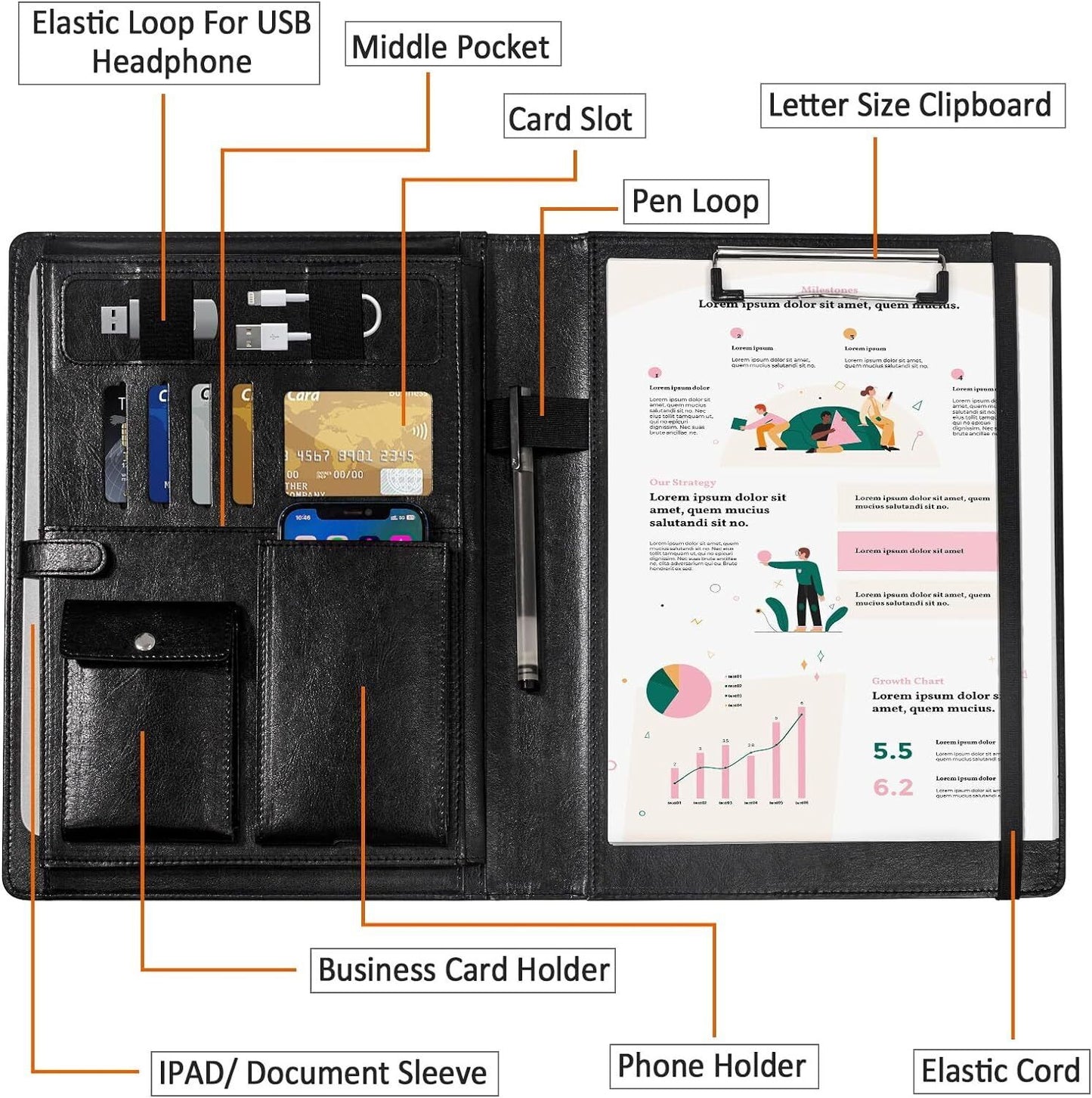 Leather Padfolio Business Portfolio Notebook Binder Office Organizer & Writing