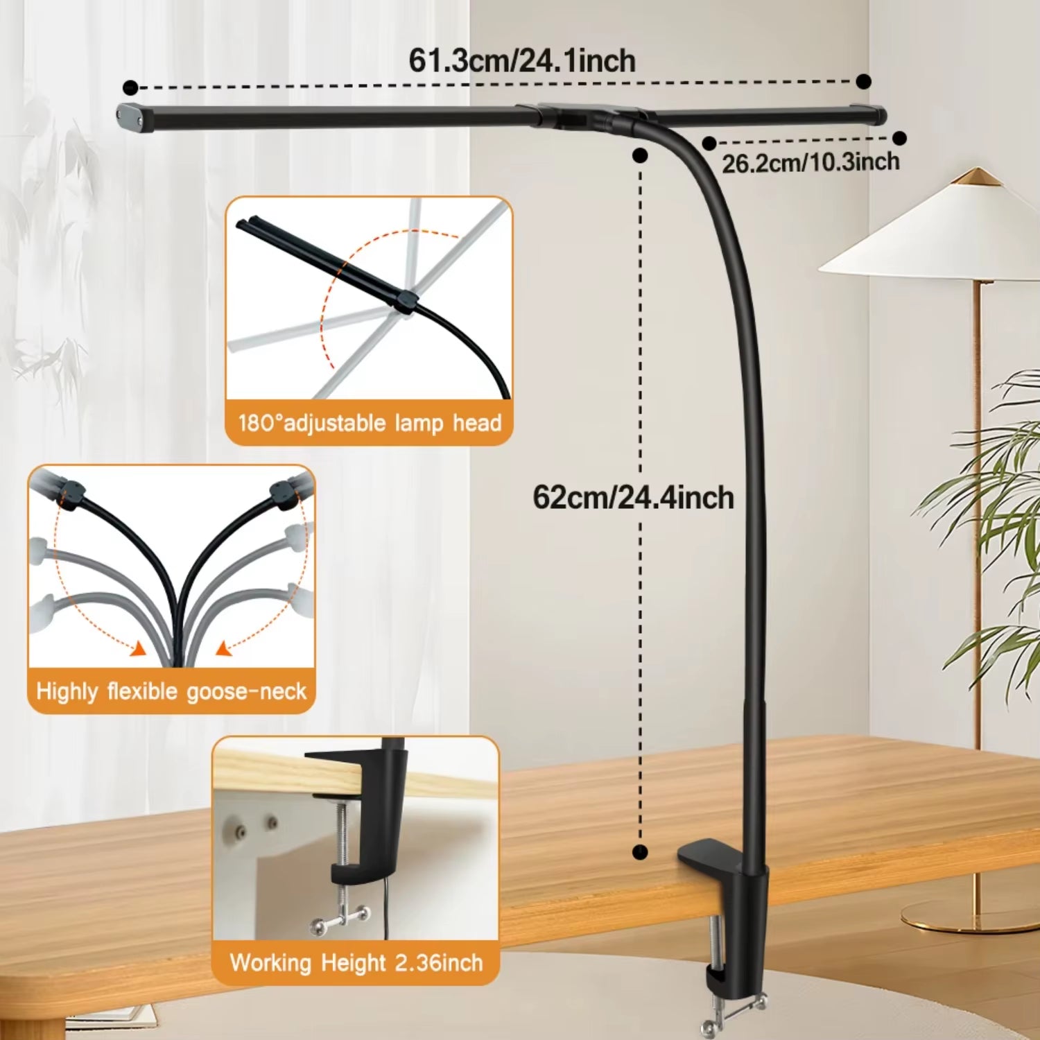 Double LED Desk Lamp Dimmable USB Reading Light Eye Protection Office